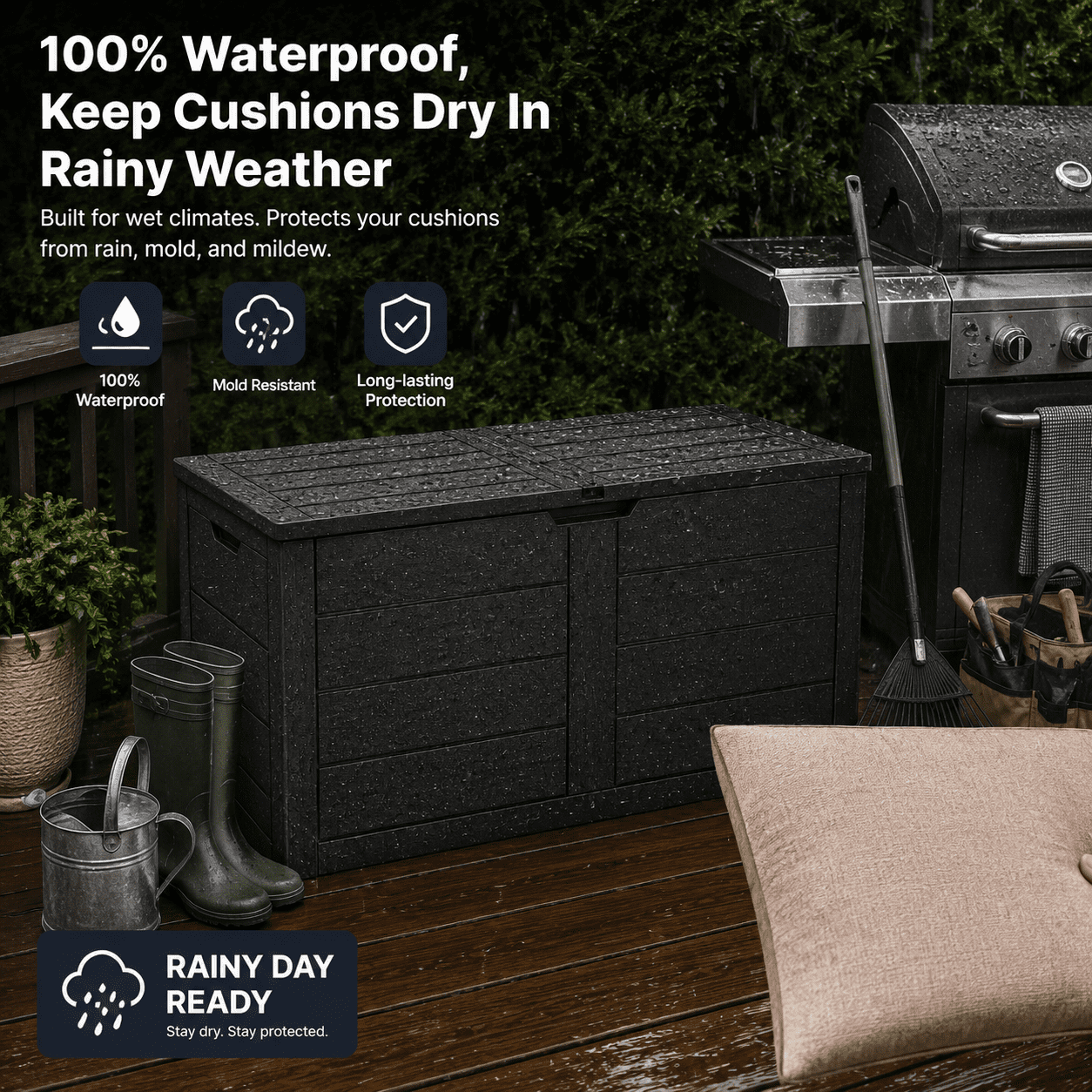 ZEUKMXOO 70 Gallon Deck Box - Waterproof Outdoor Patio Storage Box for Cushions, Pool Gear & Garden Tools, Black