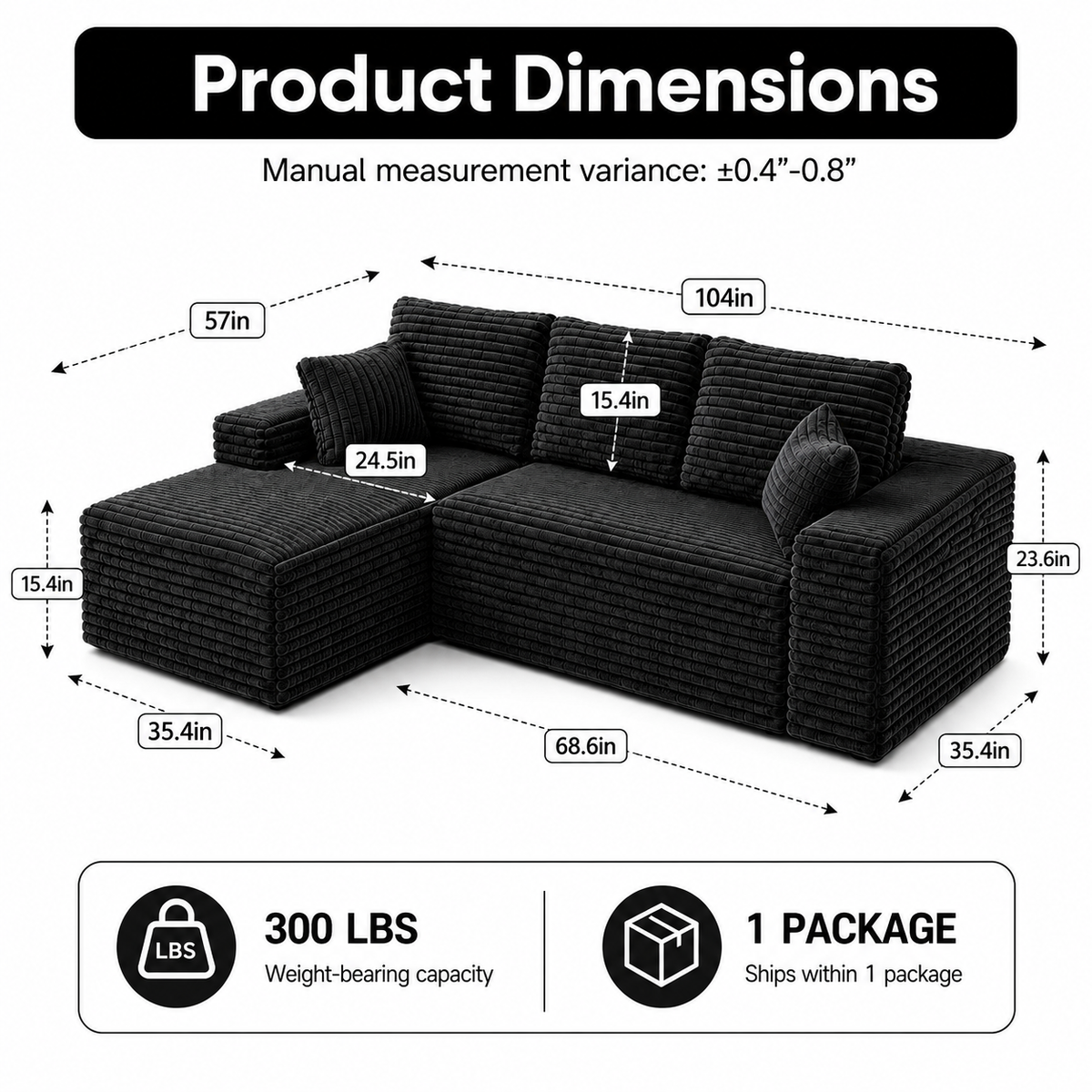 104" Corduroy Modular Sectional Sofa, L-Shaped Deep Seat Couch with Chaise, Pocket Spring Support, No Assembly Required, Black