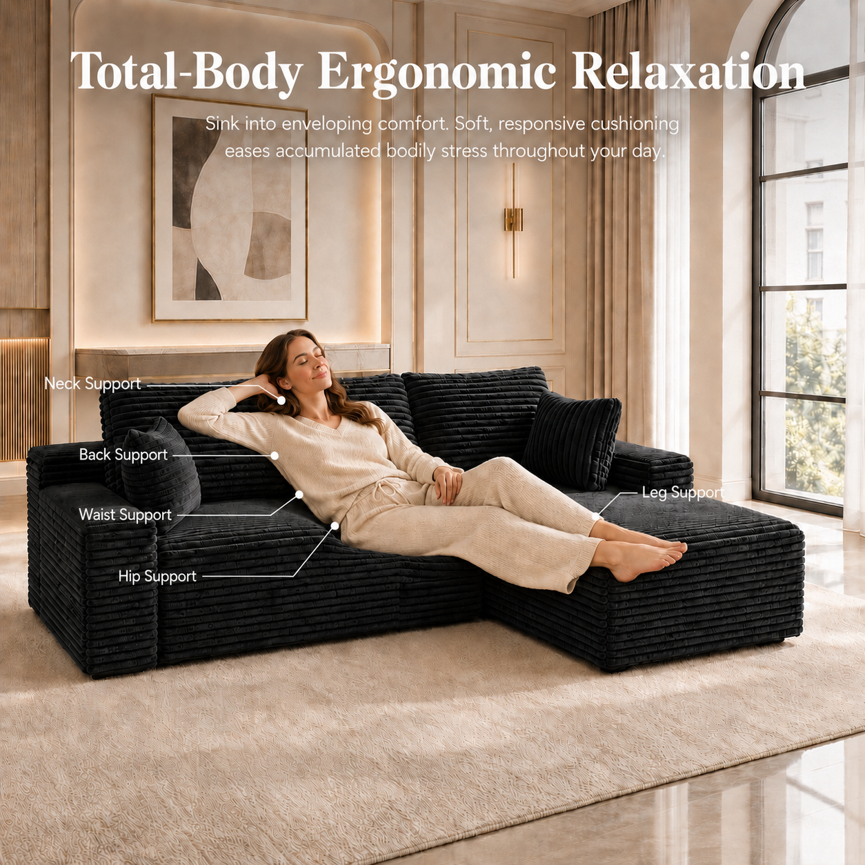 104" Corduroy Modular Sectional Sofa, L-Shaped Deep Seat Couch with Chaise, Pocket Spring Support, No Assembly Required, Black