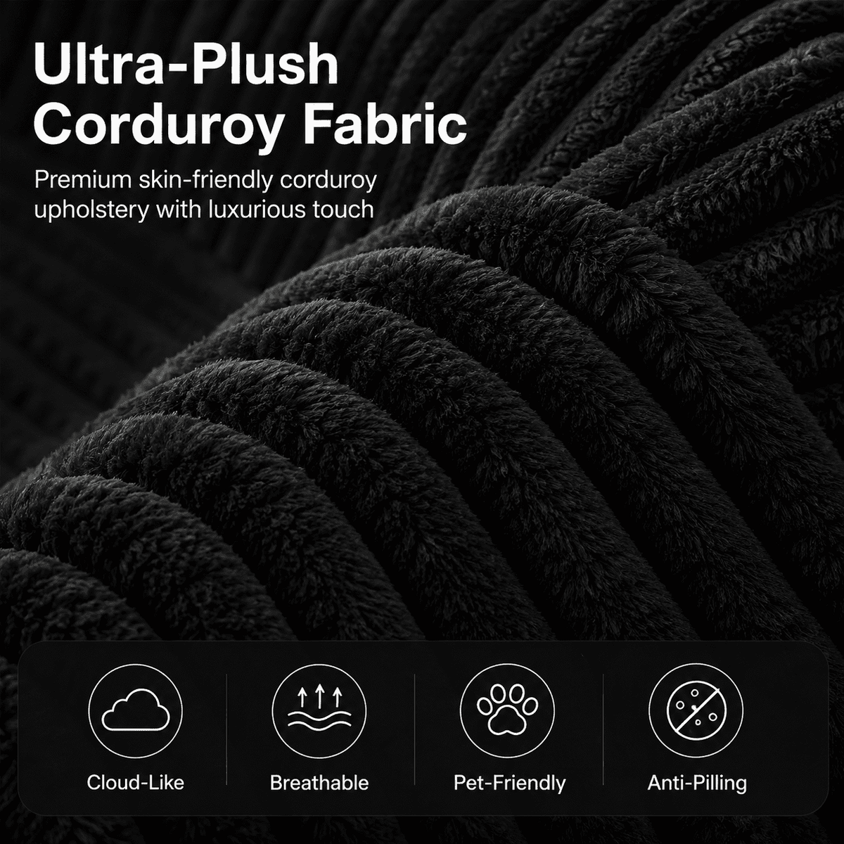 104" Corduroy Modular Sectional Sofa, L-Shaped Deep Seat Couch with Chaise, Pocket Spring Support, No Assembly Required, Black